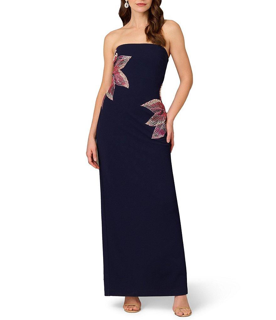 Aidan Mattox Strapless Beaded Floral Crepe Column Gown Product Image