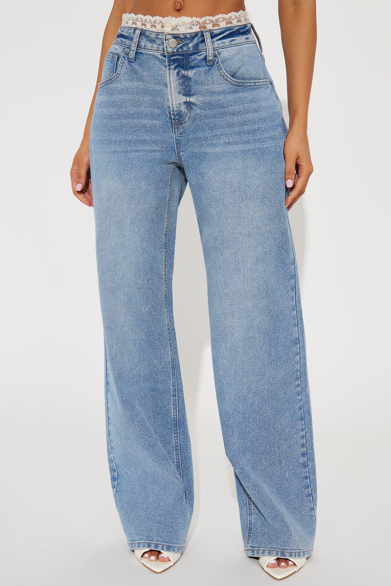Stuck In My Head Stretch Lace Trim Baggy Jeans - Medium Wash Product Image
