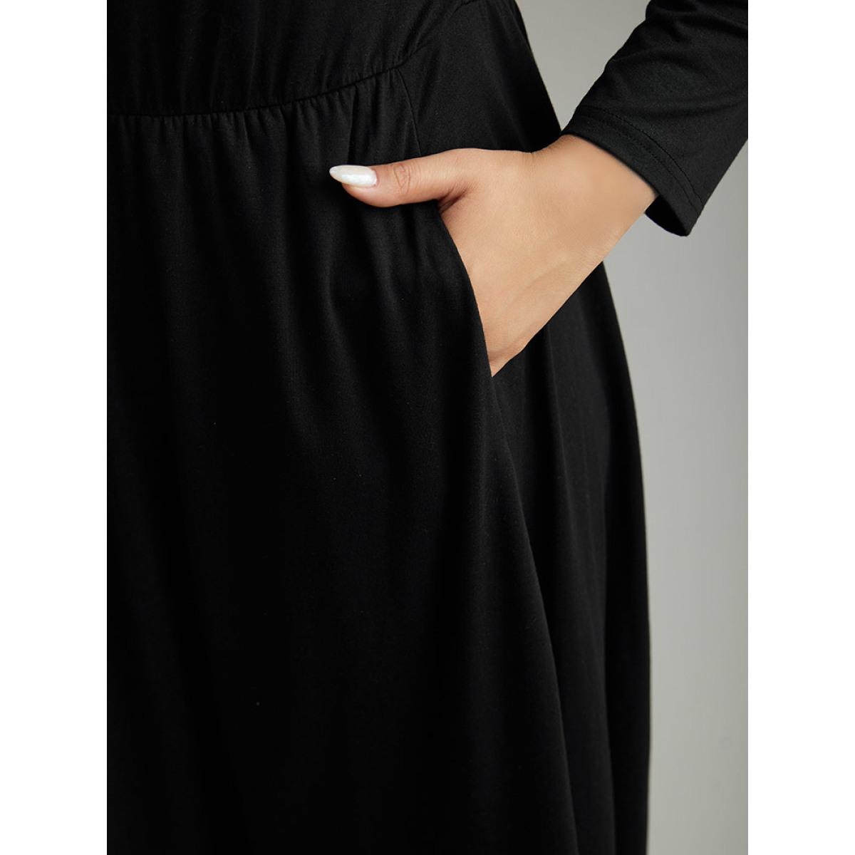 Plus Size Supersoft Essentials Solid Button Detail Dress Black Women Casual Plain Round Neck Long Sleeve Curvy Midi Dress BloomChic 14-16/1X Product Image