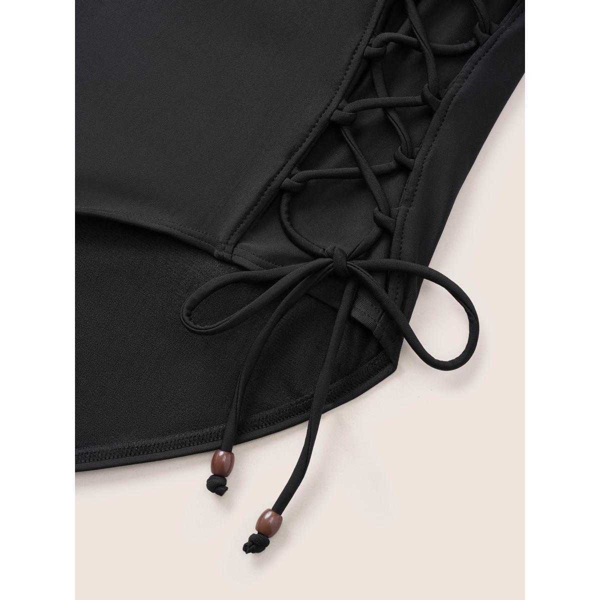 Plus Size Plain Lace Up Side High Rise Swim Bottom Women's Swimwear Black Beach Non High stretch Skinny High Rise Curve Swim Bottoms BloomChic 30/6X Product Image