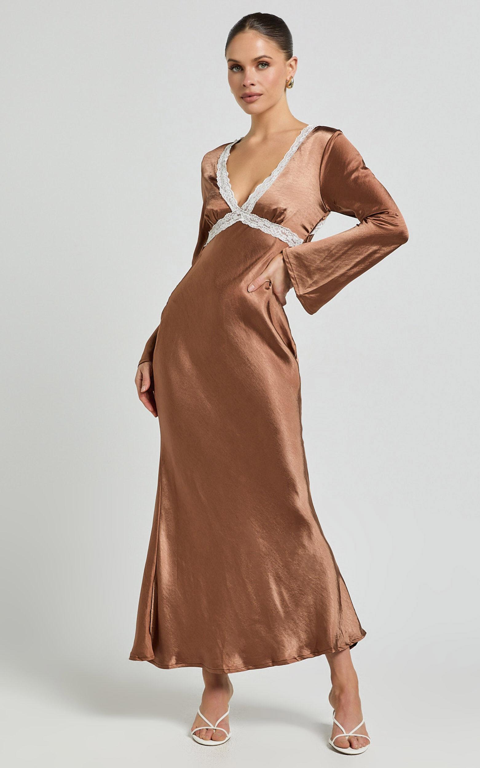 Carmela Midi Dress - Long Sleeve V Neck Lace Detail Dress in Chocolate Product Image