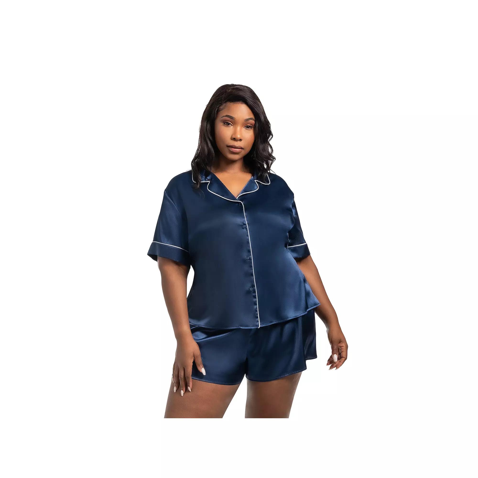 Plus Size Lilac+London 2-pc. Solid Satin Short Sleeve Pajama Top & Pajama Shorts Set, Women's, Size: 1XL, Navy White Product Image