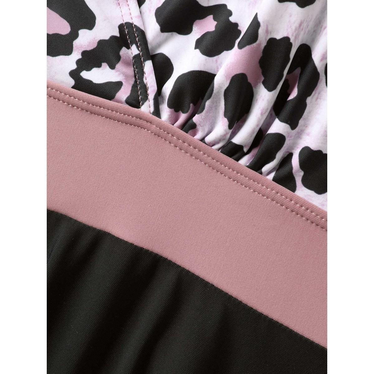 Plus Size Leopard Print Color Contrast Swim Dress Women's Swimwear Black Beach Bodycon Overlap Collar High stretch Curve Swim Dresses BloomChic 28/5X Product Image