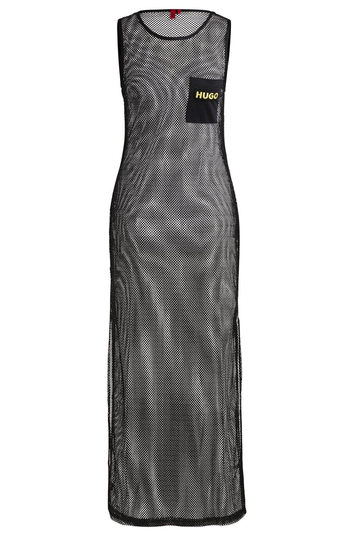 HUGO - Sleeveless dress in net mesh with logo embroidery - Black Product Image
