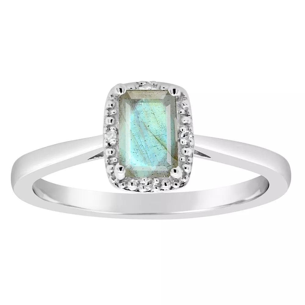 Celebration Gems Sterling Silver 6 mm x 4 mm Emerald Cut Labradorite & Diamond Accent Halo Ring, Women's,  Product Image
