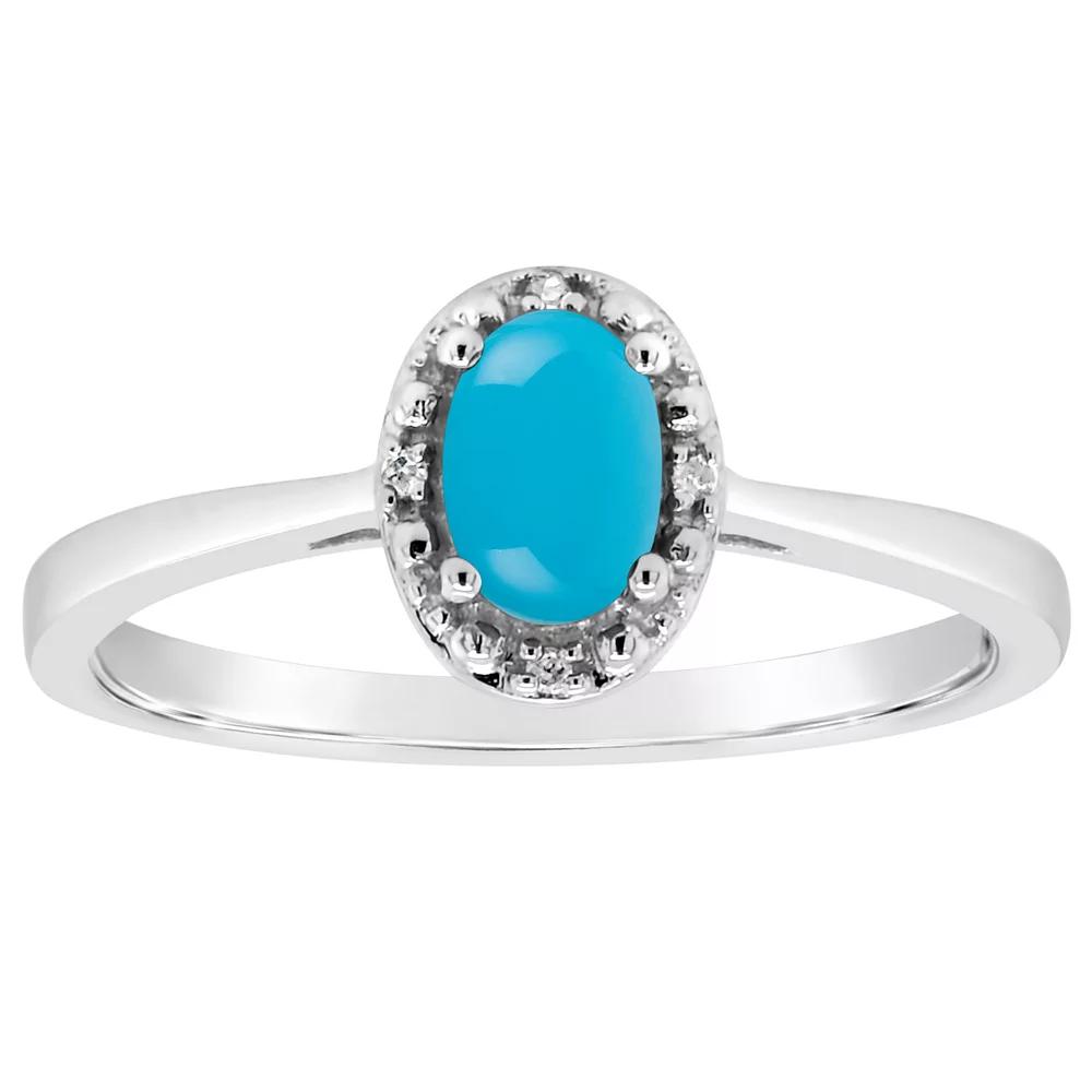 Celebration Gems Sterling Silver 6 mm x 4 mm Oval Stabilized Turquoise & Diamond Accent Halo Ring, Women's,  Product Image