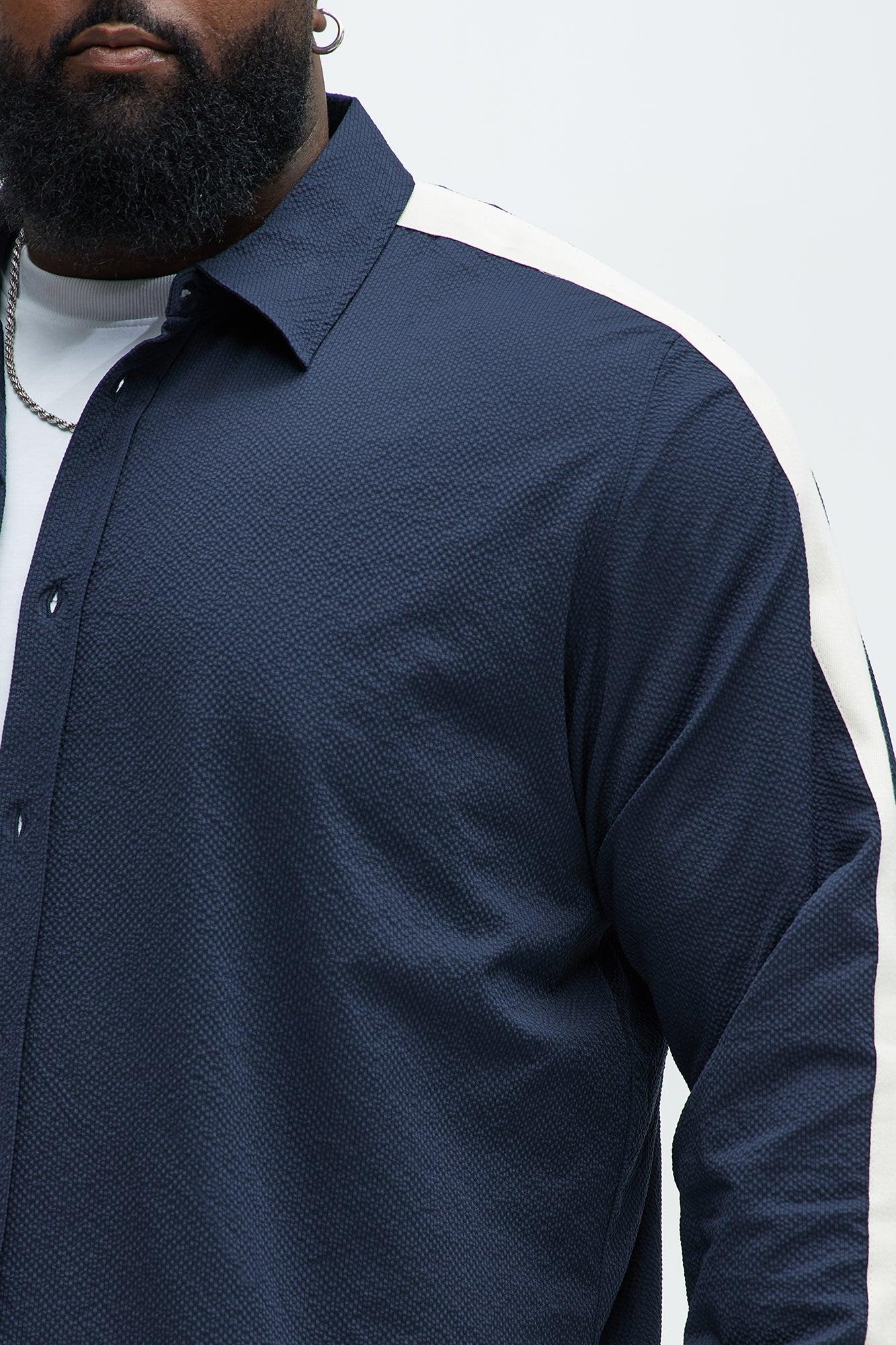 Crinkle Texture Taped Button Up - Navy Product Image