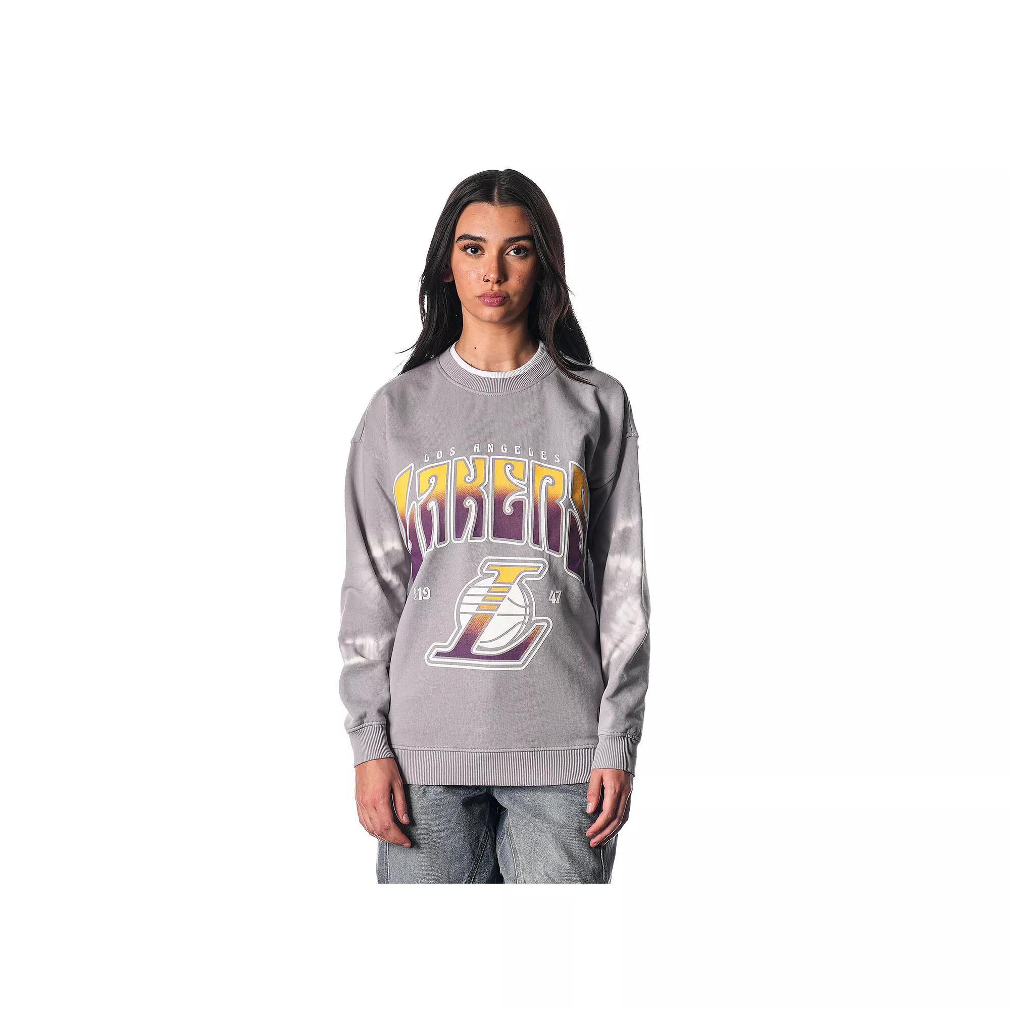 Women's The Wild Collective Heather Gray Los Angeles Lakers Bleached Tie-Dye Pullover Sweatshirt, Size: Large, Grey Product Image