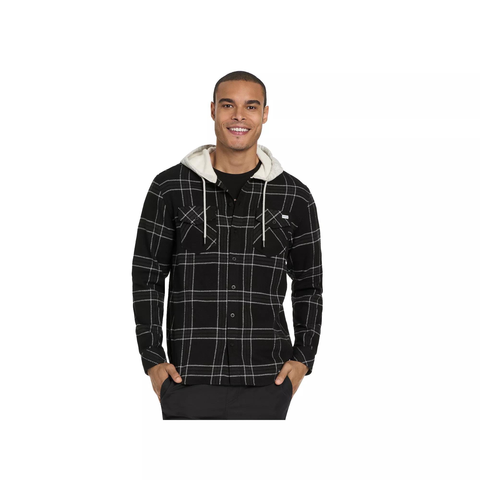 Men's Hurley Hooded Button Down Flannel, Size: Small, Black Product Image