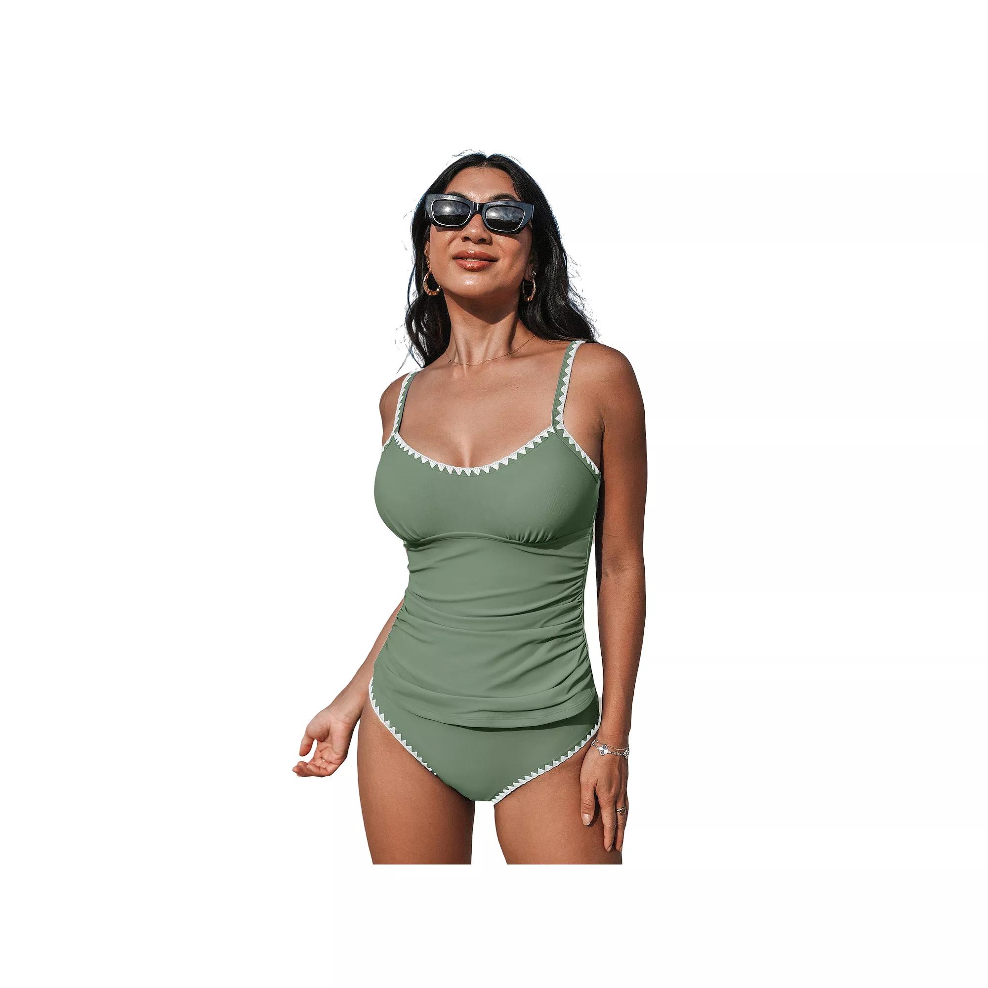 Women's Cupshe 2-pc. Scoop Neck Shell Stitch Ruched Tankini Swim Top & Swim Bottoms Set,  Product Image
