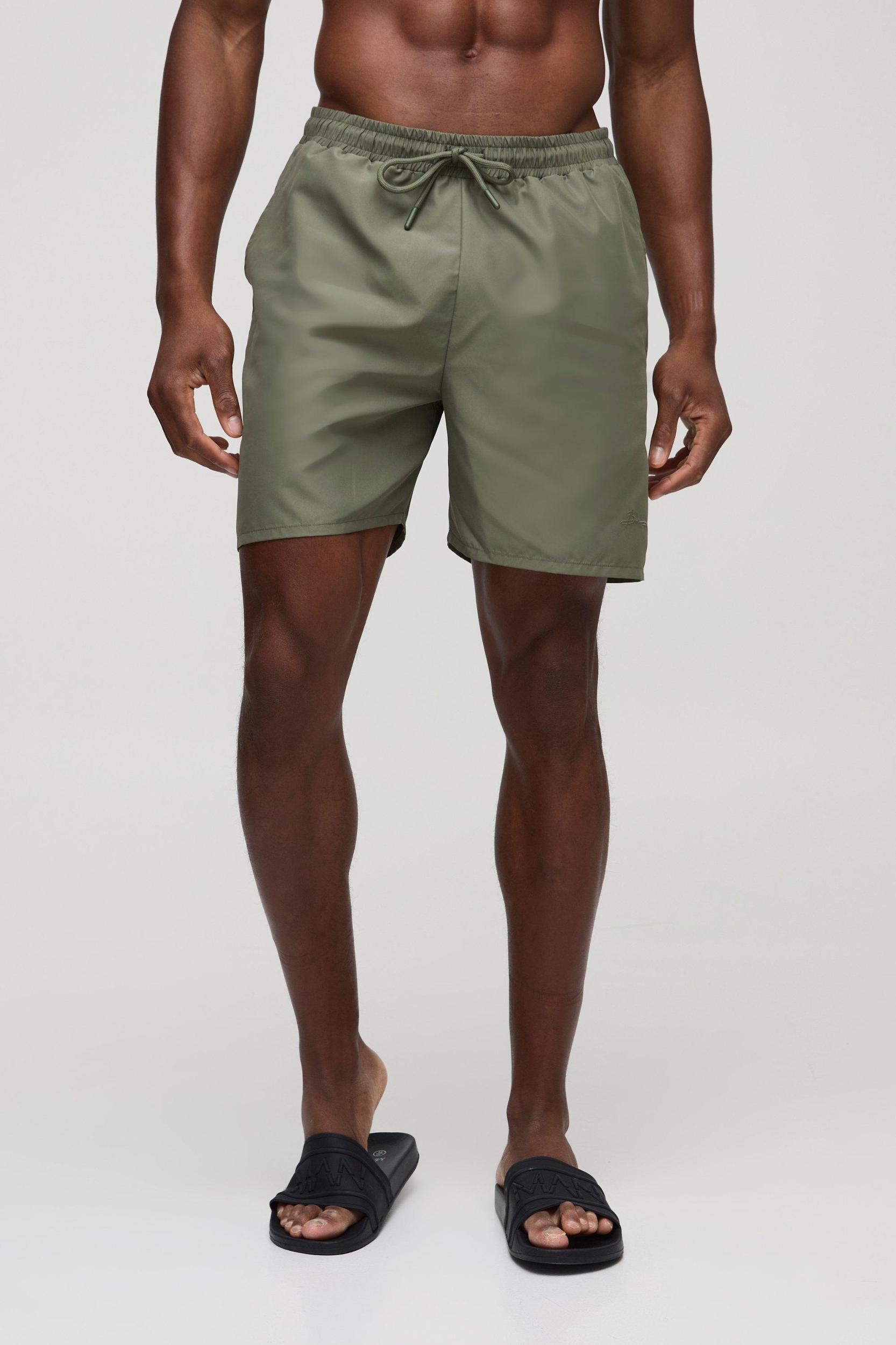 2 Pack Mid Length Swim Trunks in Black and Khaki | boohooMAN USA Product Image