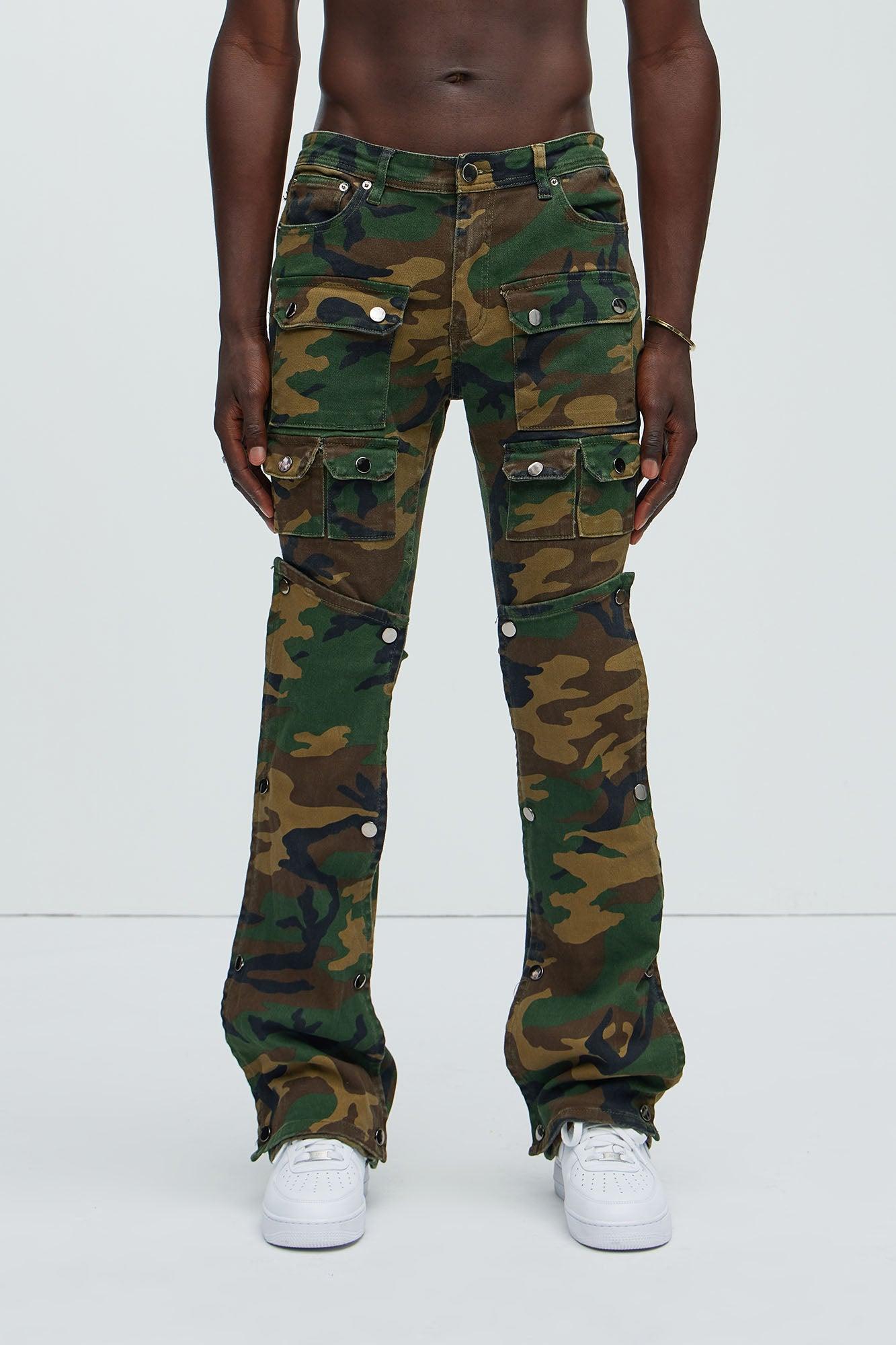 Utility Snap Pockets Slim Flare Pants - Camouflage Product Image