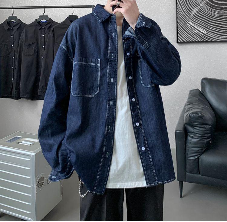 Long Sleeve Collared Washed Denim Shirt Product Image