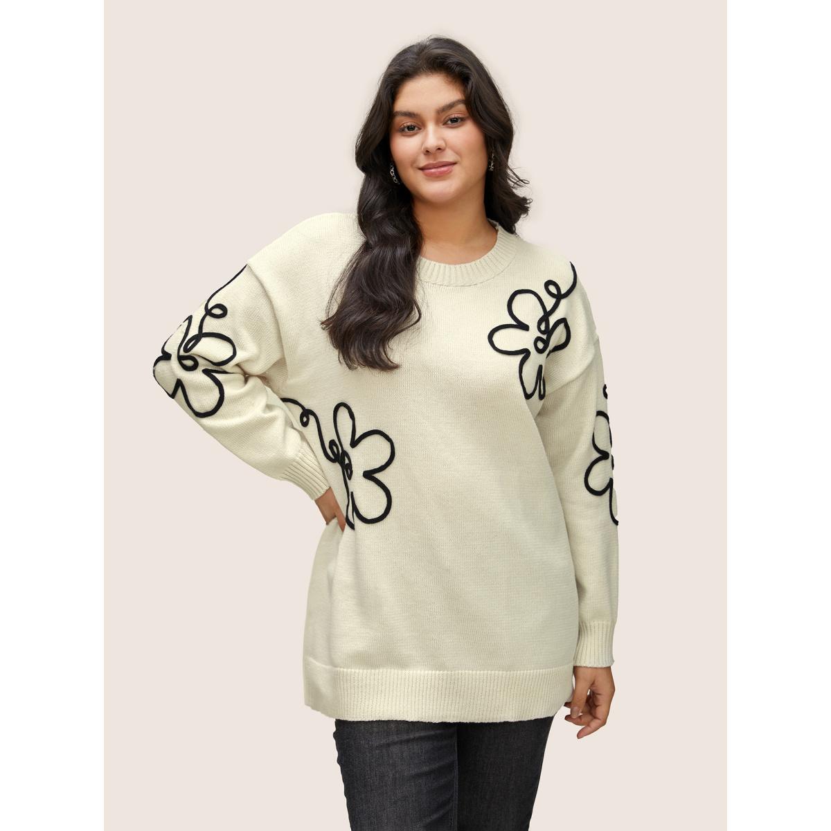 Plus Size Supersoft Essentials Floral Embroidered Crew Neck Pullover Beige Women Casual Loose Long Sleeve Round Neck Everyday Pullovers BloomChic 12/L Product Image