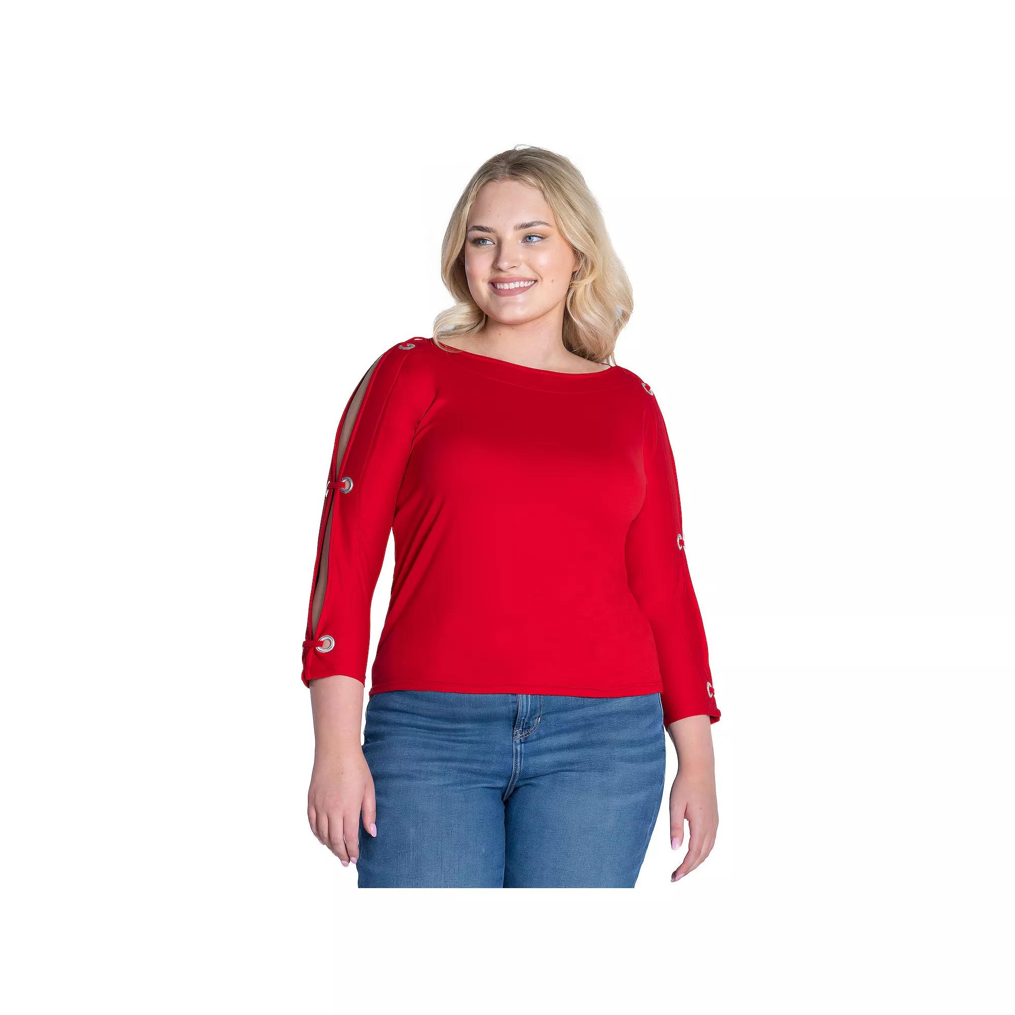 Plus Size 24Seven Comfort Apparel Boatneck 3/4-Sleeve Grommet Detailed Top, Women's, Size: 2XL, Red Product Image