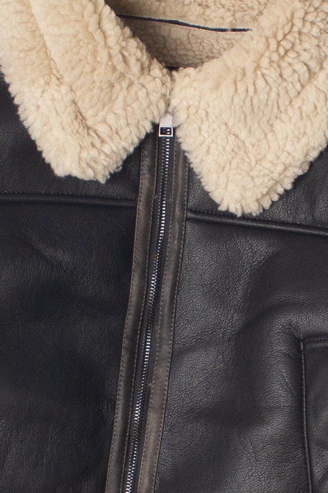 Faux Fur Lined Pleather Bomber Jacket Product Image