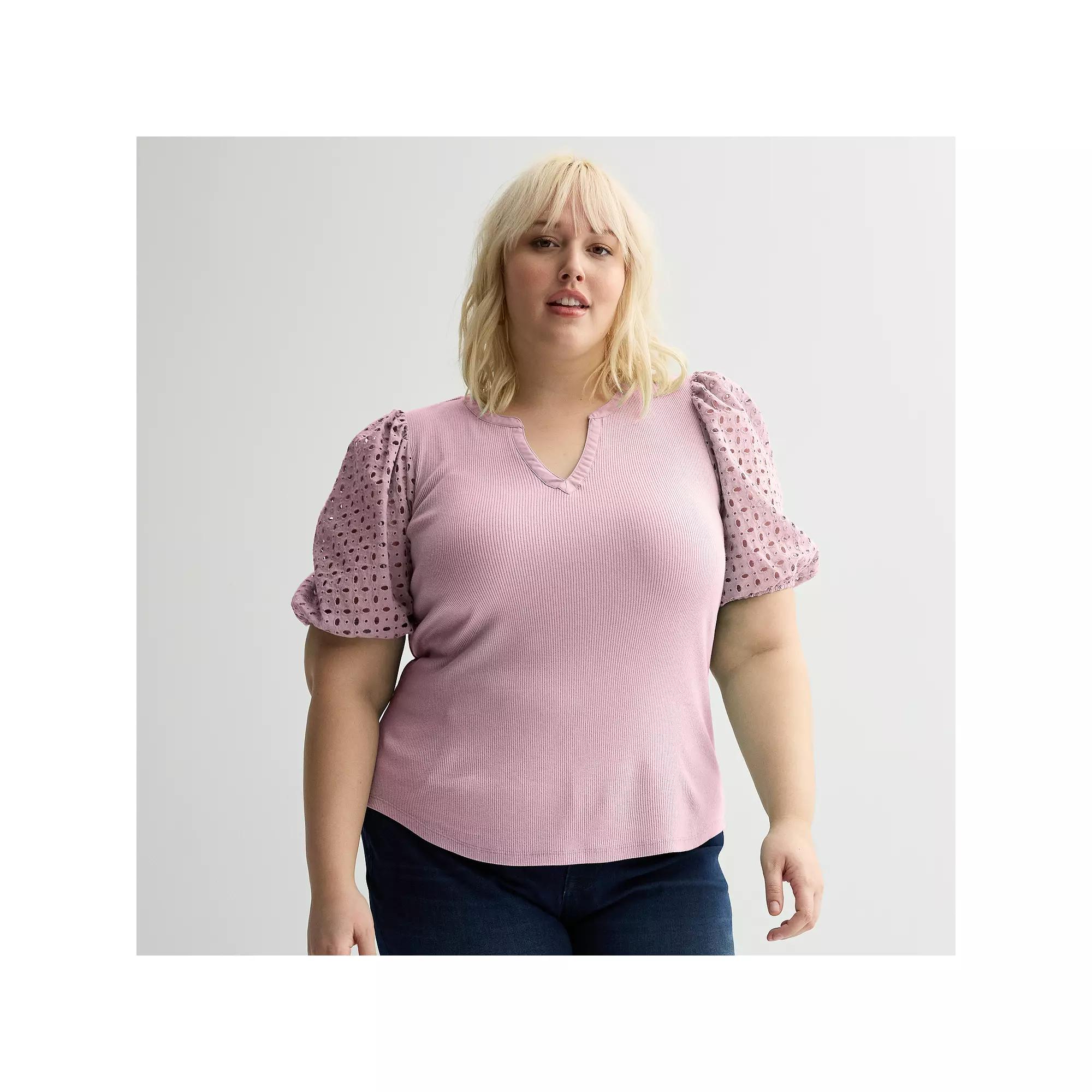 Plus Size Nine West Mixed Media Puffed Sleeve Y-Neck Top, Women's, Size: 2XL, Washed Purple Product Image