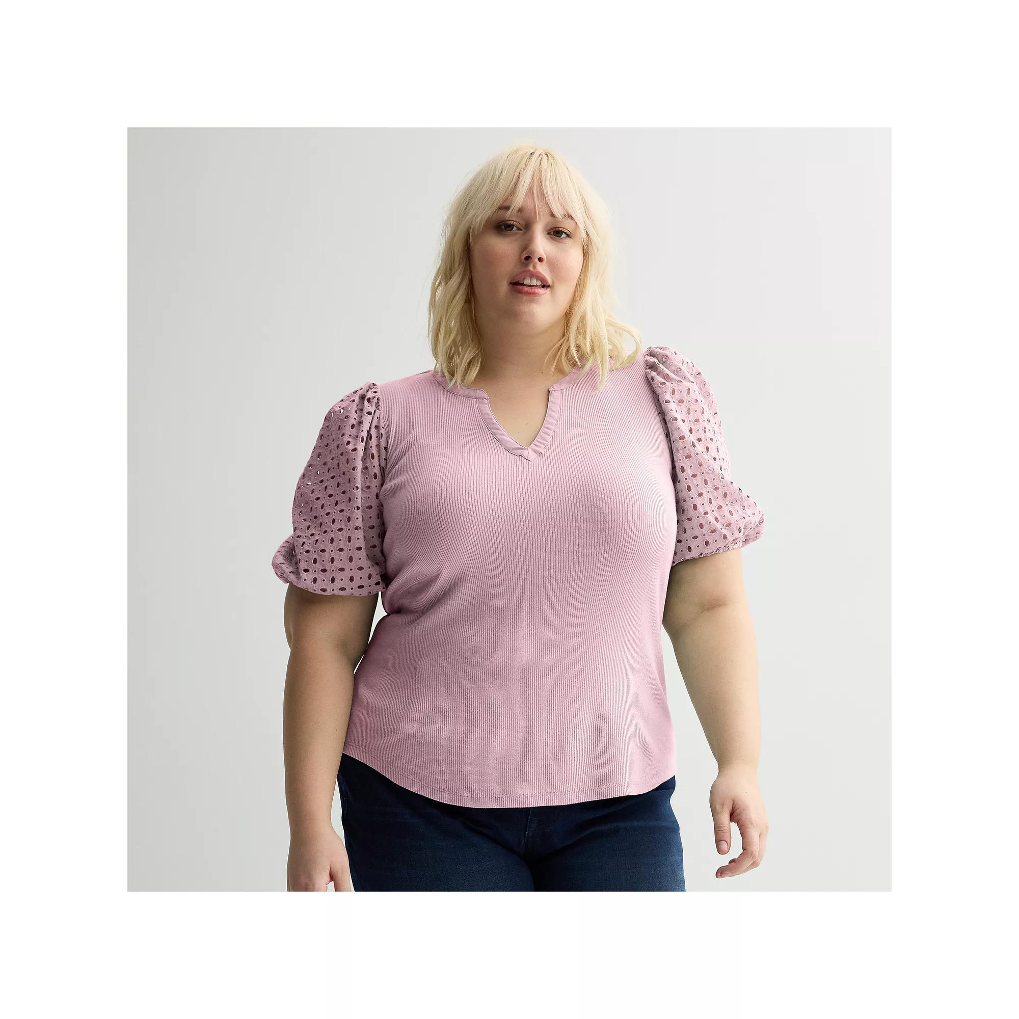 Plus Size Nine West Mixed Media Puffed Sleeve Y-Neck Top, Women's, Size: 0X, Hanover Blue Product Image