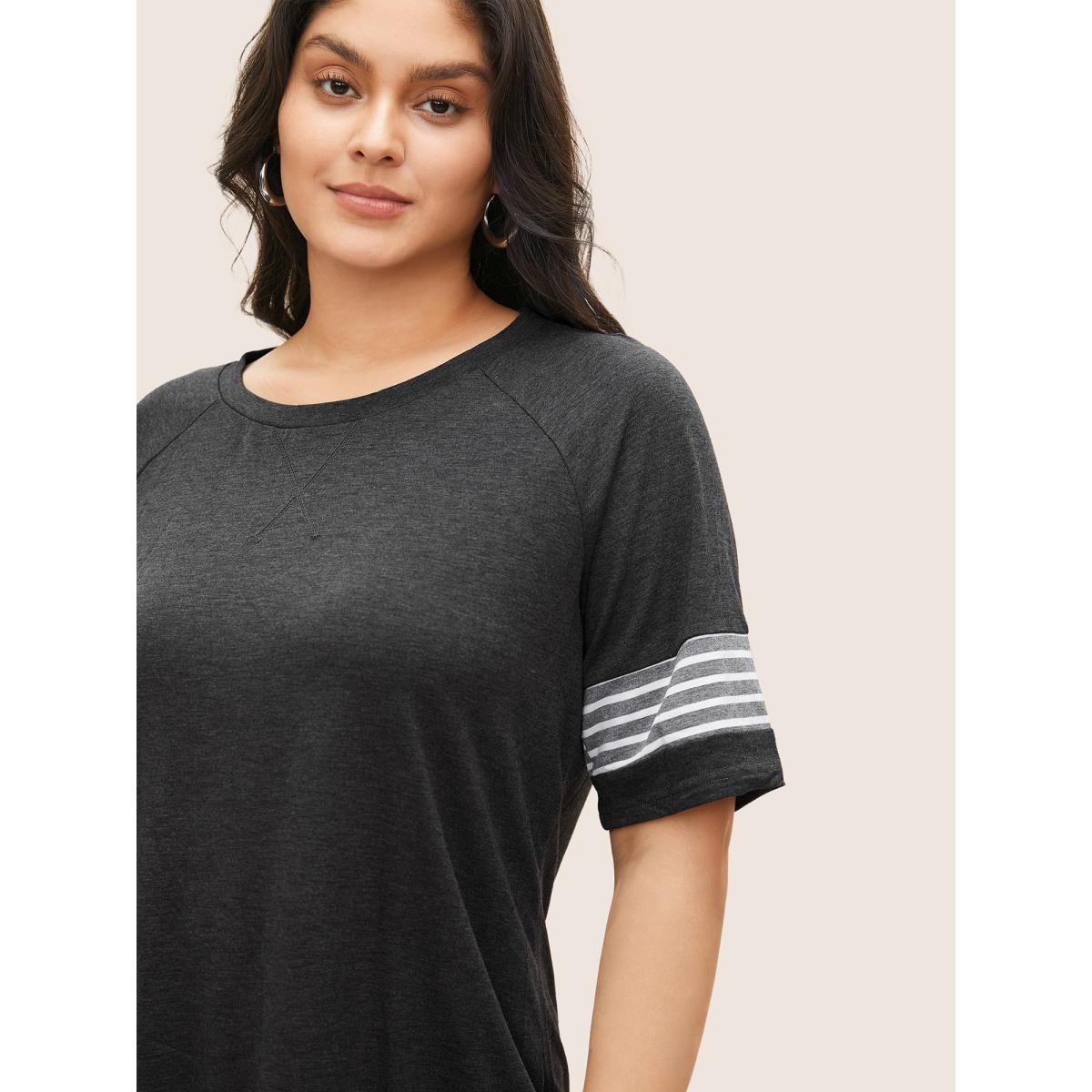 Plus Size Striped Contrast Raglan Sleeve Crew Neck T-shirt Black Women Casual Plain Everyday T-shirts BloomChic 26/4X Product Image