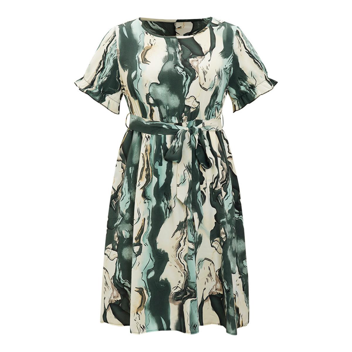 Plus Size Water Ripple Pocket Belt Puff Sleeve Dress Multicolor Women Elegant Round Neck Short sleeve Curvy Midi Dress BloomChic 10/M Product Image