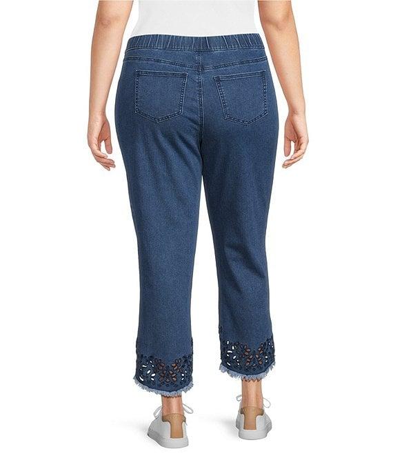 Intro Plus Size Straight Leg Tulip Eyelet Embroidered Frayed Hem Pull-On Ankle Pants Product Image