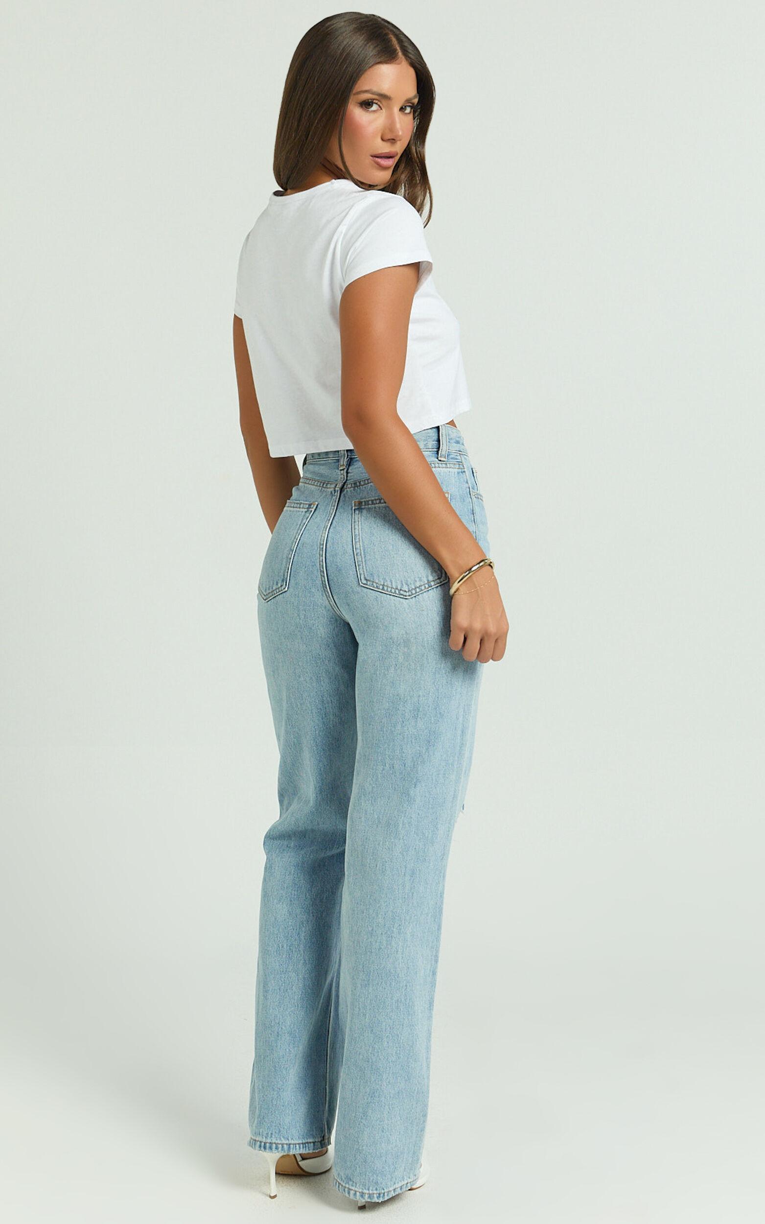 Miho Jeans - High Waisted Recycled Cotton Distressed Straight Leg Denim Jeans in Mid Blue Wash Product Image