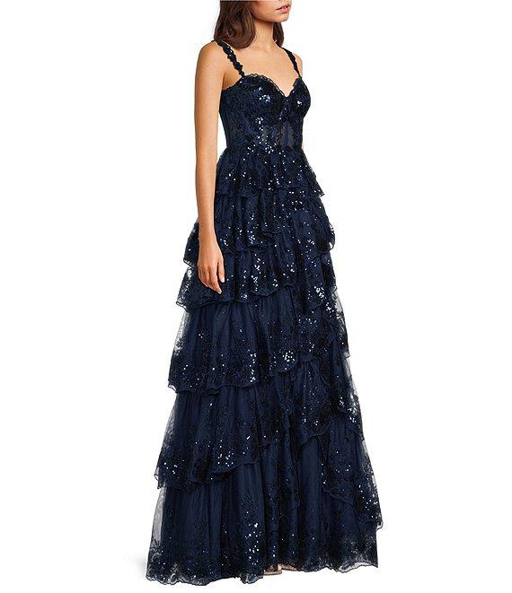 Blondie Nites Sequin Lace Sweetheart Neckline Ruffle Tiered Ball Gown Product Image
