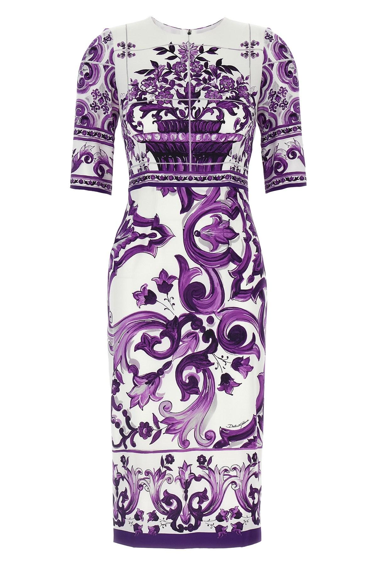 DOLCE & GABBANA Violet Crewneck Dress With Rear Zip Closure And All-over Floral Print In Silk Stretch Woman In Purple Product Image