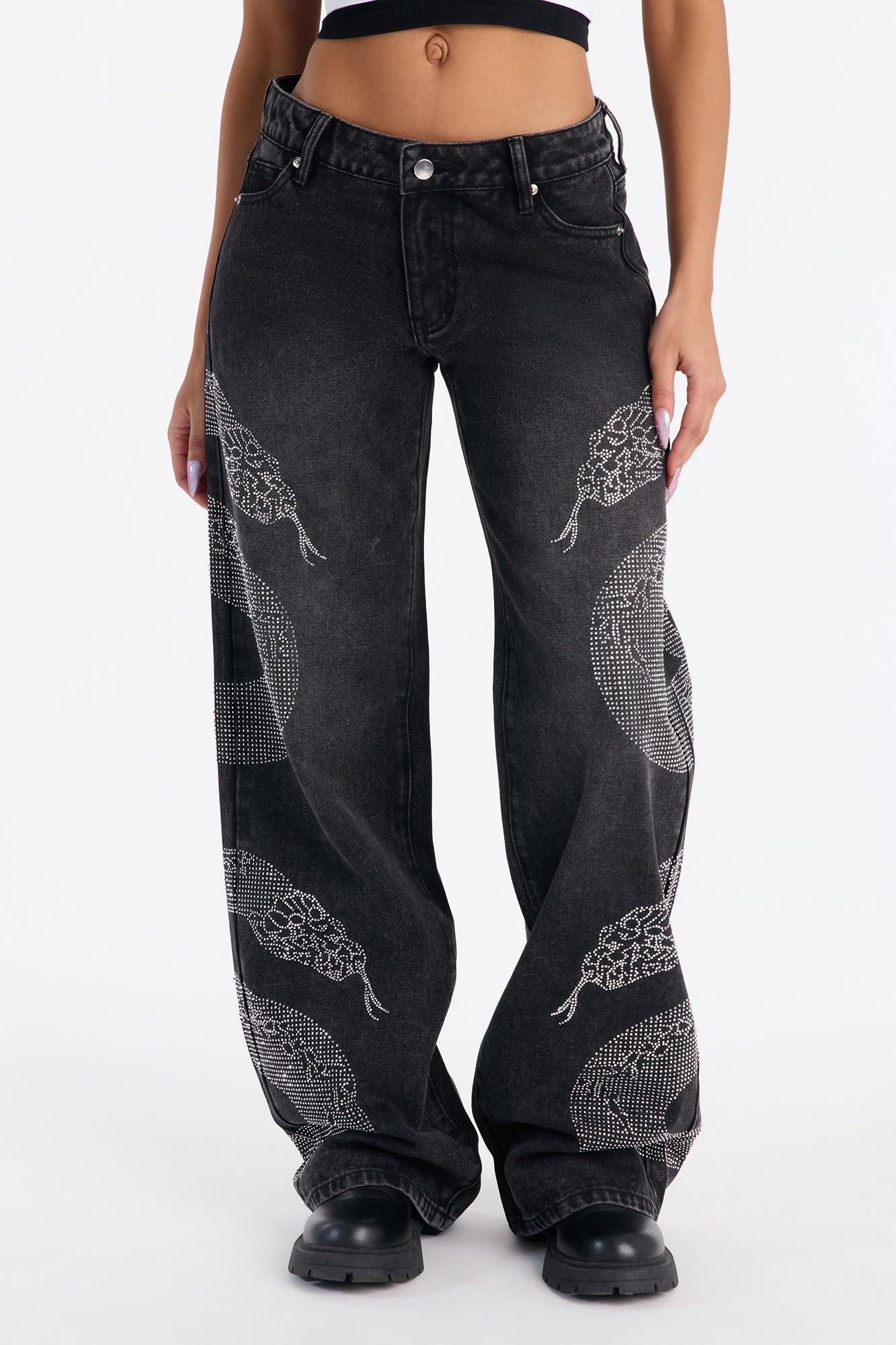 Westside Snake Embellished Low Rise Wide Leg Jean - Black Wash Female Product Image