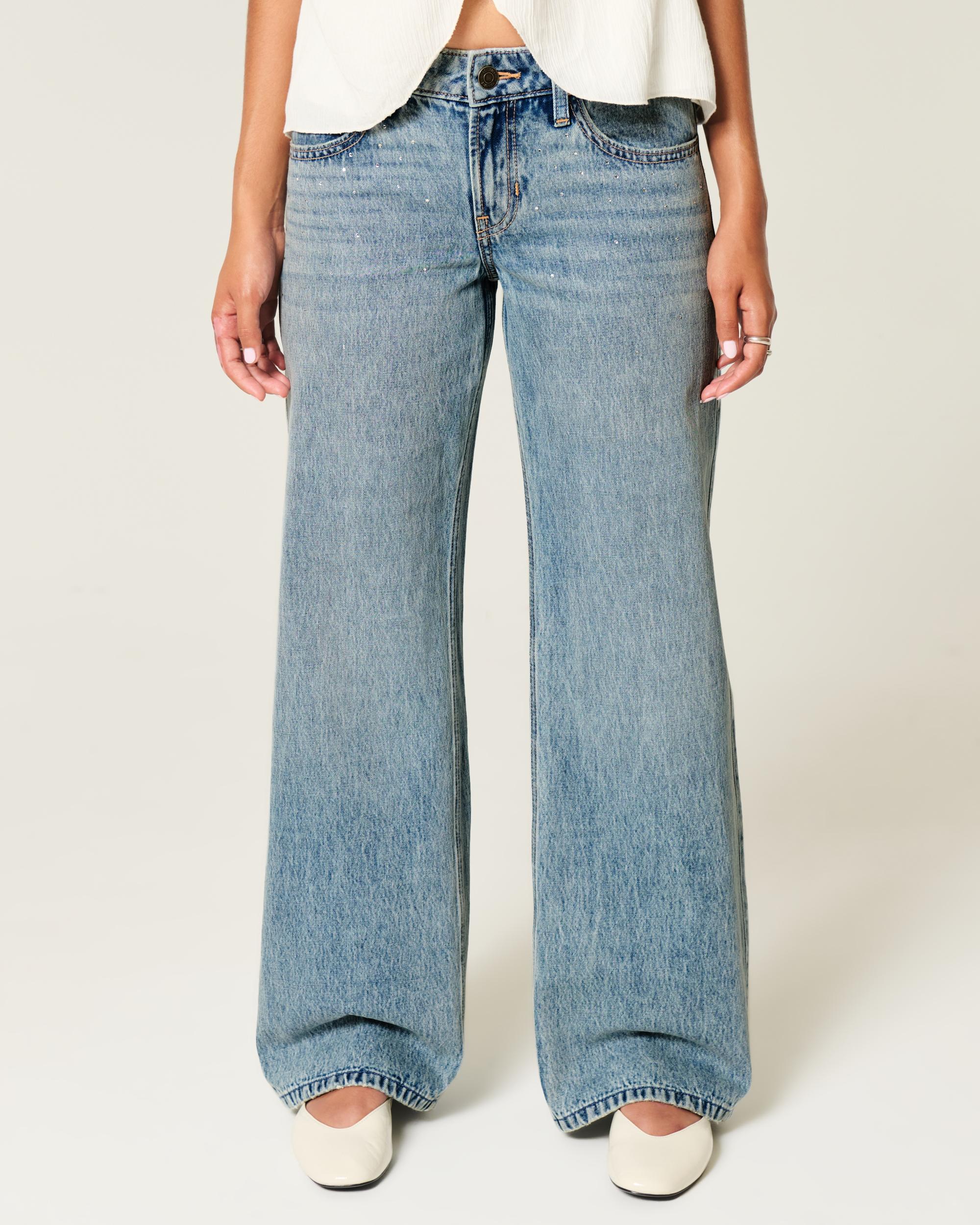 Low-Rise Medium Wash Rhinestone Baggy Jeans Product Image