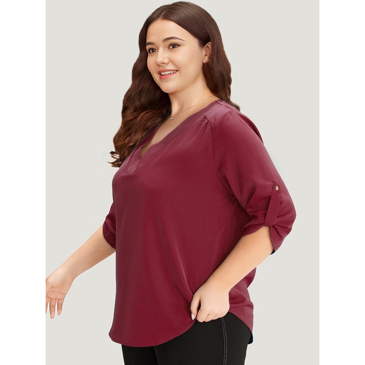 Plus Size Indigo Solid Cuffed Sleeve Gathered Curved Hem Blouse Women Office Elbow-length sleeve V-neck Work Blouses BloomChic 30/6X Product Image