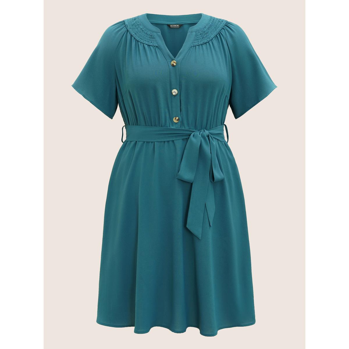 Plus Size Shirred Notched Button Up Belted Dress Aegean Women Elegant Gathered Flat collar with V-notch Short sleeve Curvy BloomChic 26/4X Product Image
