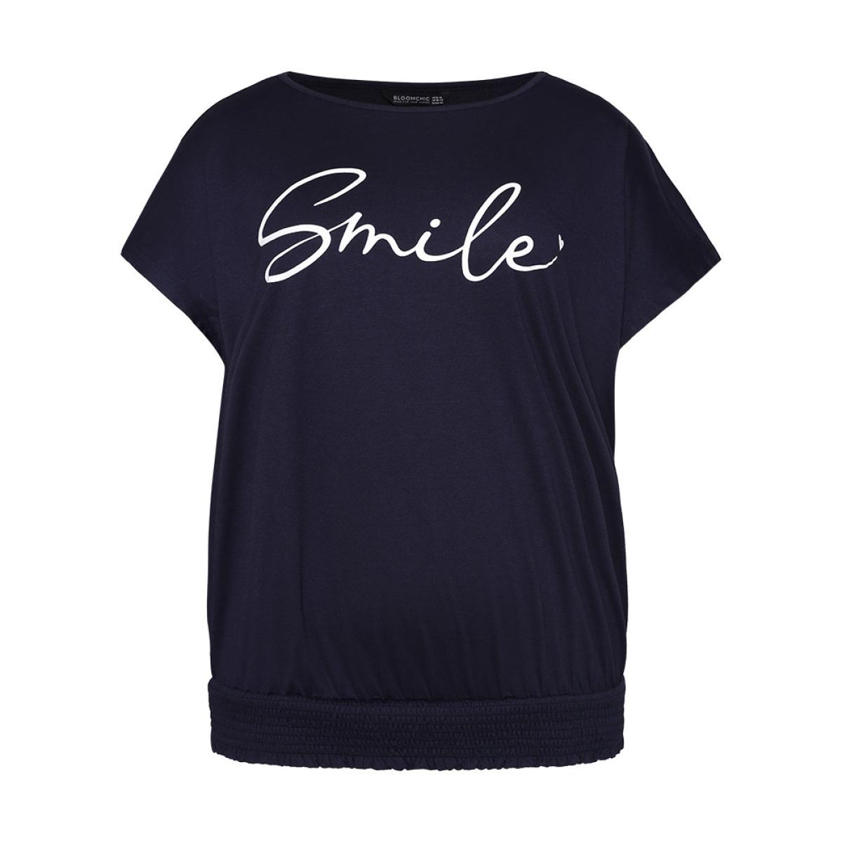 Plus Size Letter Print Batwing Sleeve Shirred Hem T-shirt DarkBlue Women Casual Printed Letter Dailywear T-shirts BloomChic 12/L Product Image