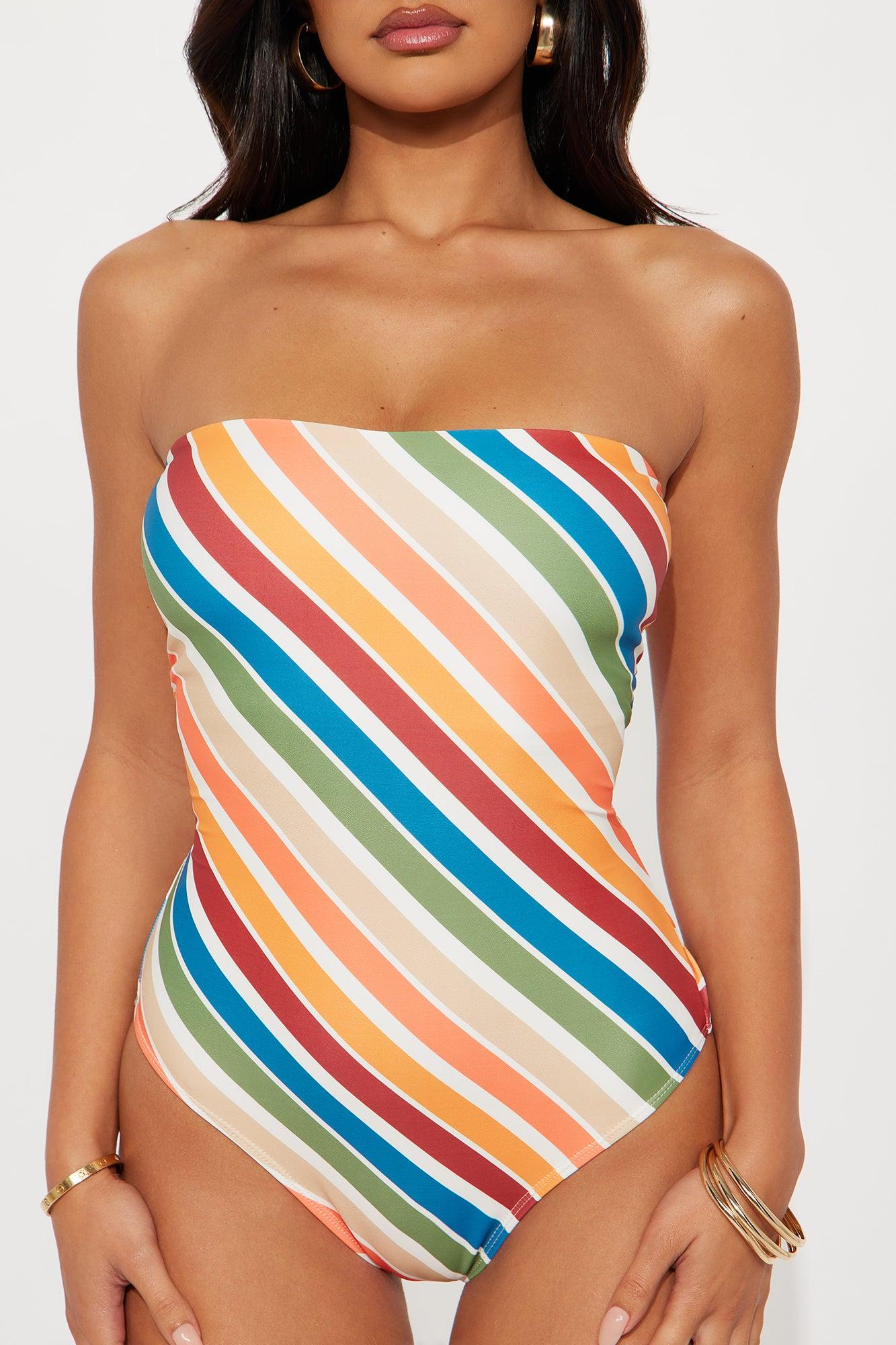 Sylvia Stripe Fringe 1 Piece Swimsuit & Kimono Set - Multi Color Product Image