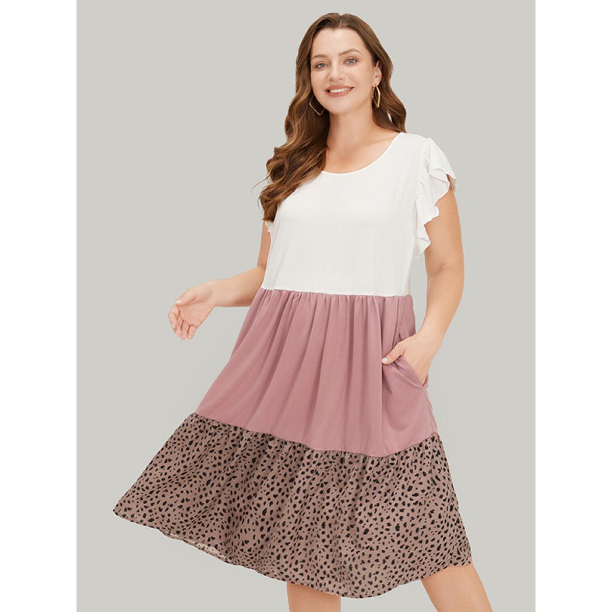 Plus Size Leopard Contrast Ruffle Trim Pocket Layered Hem Dress Multicolor Women Casual Patchwork Round Neck Cap Sleeve Curvy Midi Dress BloomChic 26/4X Product Image