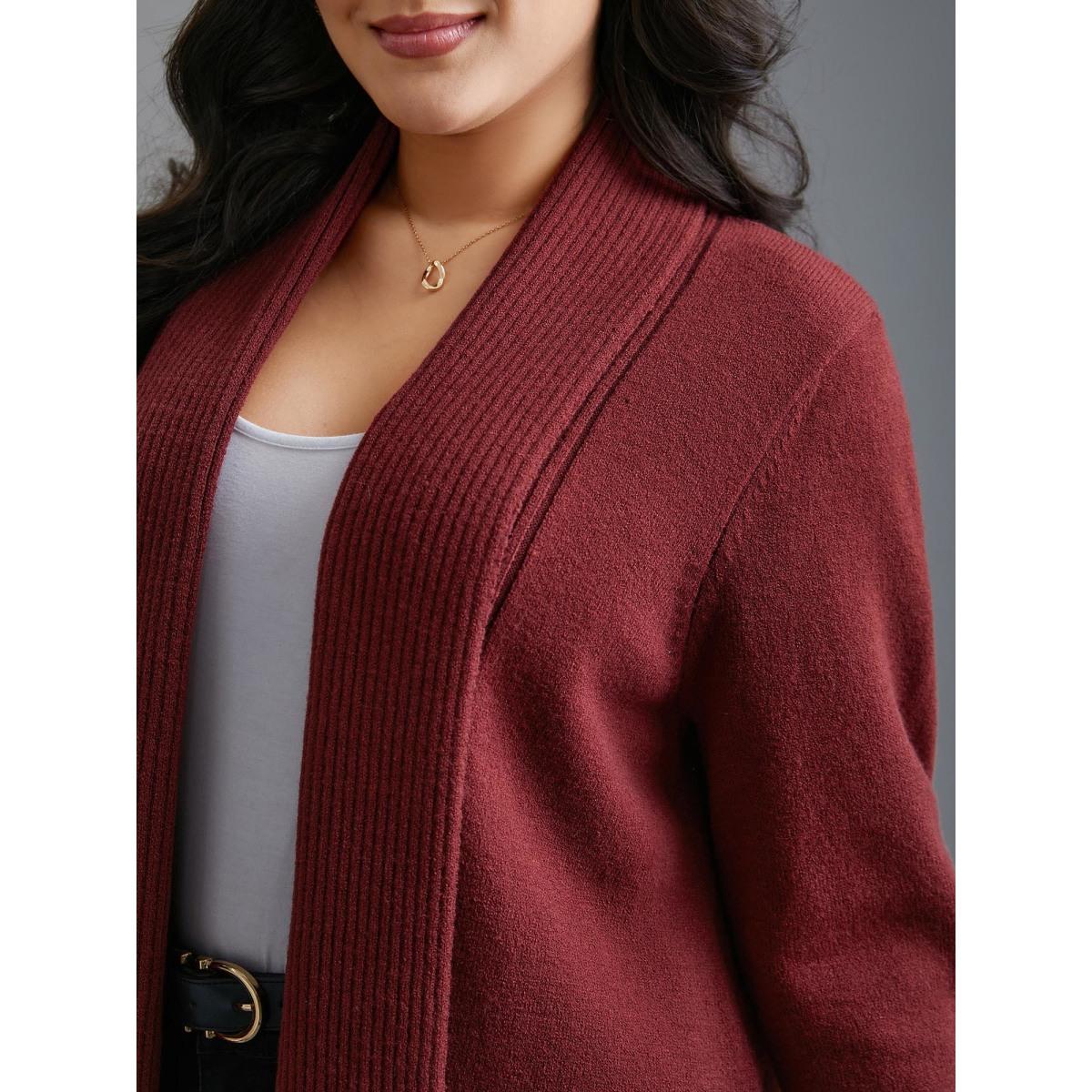 Plus Size Kimono Collar Texture Knit Ruffle Hem Cardigan Deepred Women Casual Loose Long Sleeve Everyday Cardigans BloomChic 28/5X Product Image