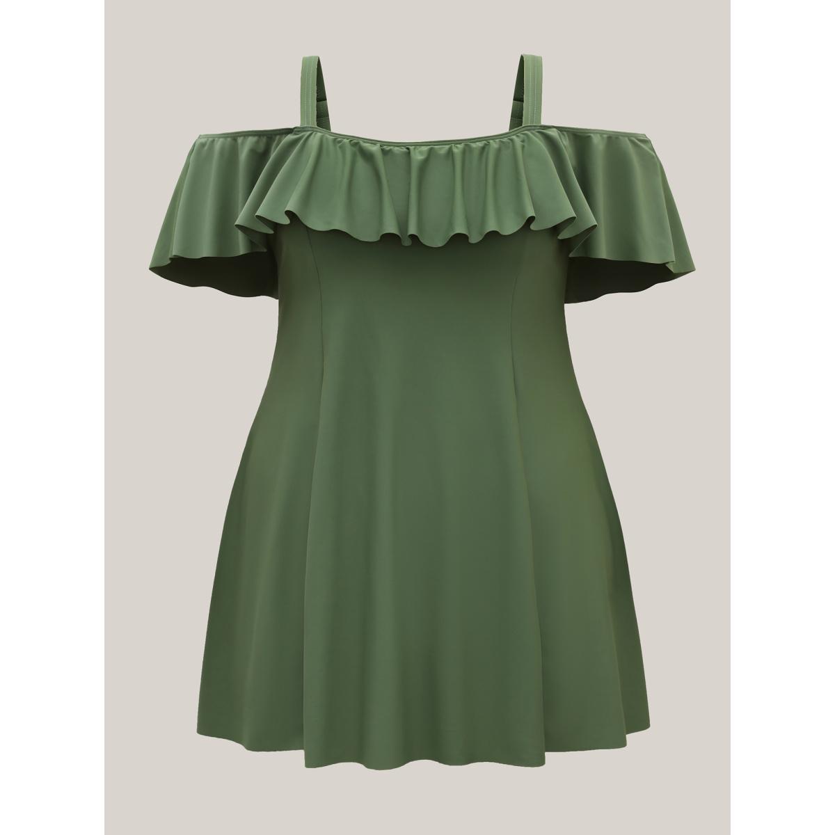Plus Size Ruffled Non-Removable Cups Swim Dress Women's Swimwear ArmyGreen Resort Bodycon One-shoulder neck High stretch Curve Swim Dresses BloomChic 30/6X Product Image