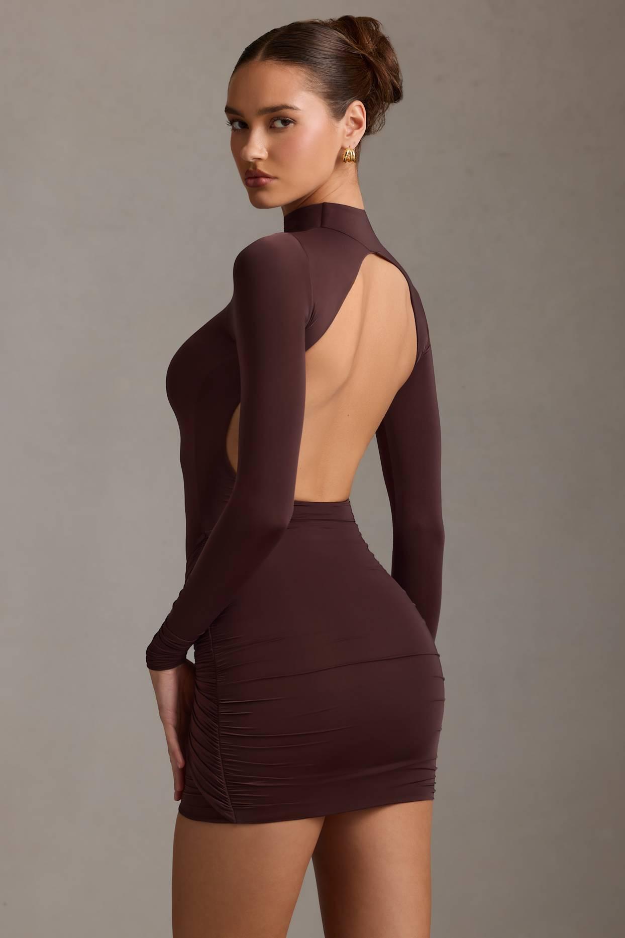 Ruched Backless Turtleneck Mini Dress in Chocolate Brown Product Image