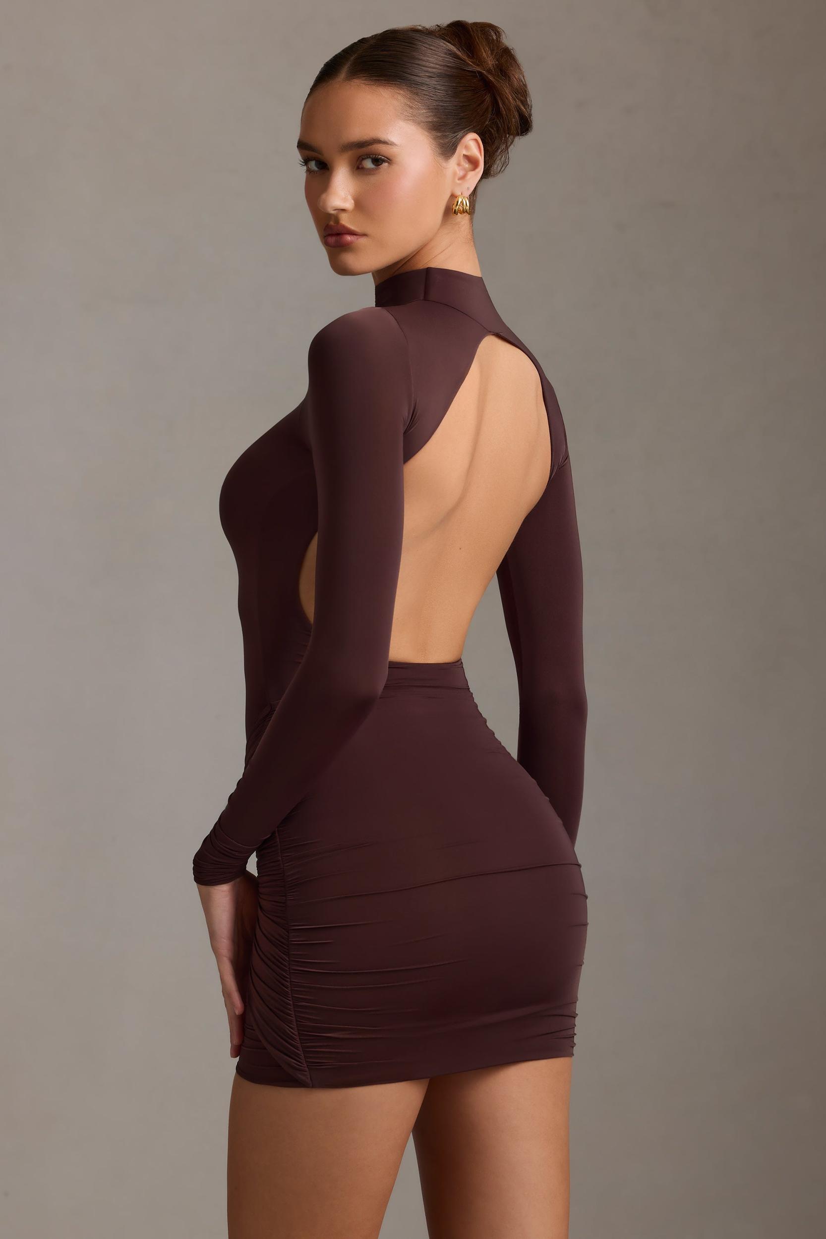 Ruched Backless Turtleneck Mini Dress in Chocolate Brown Product Image