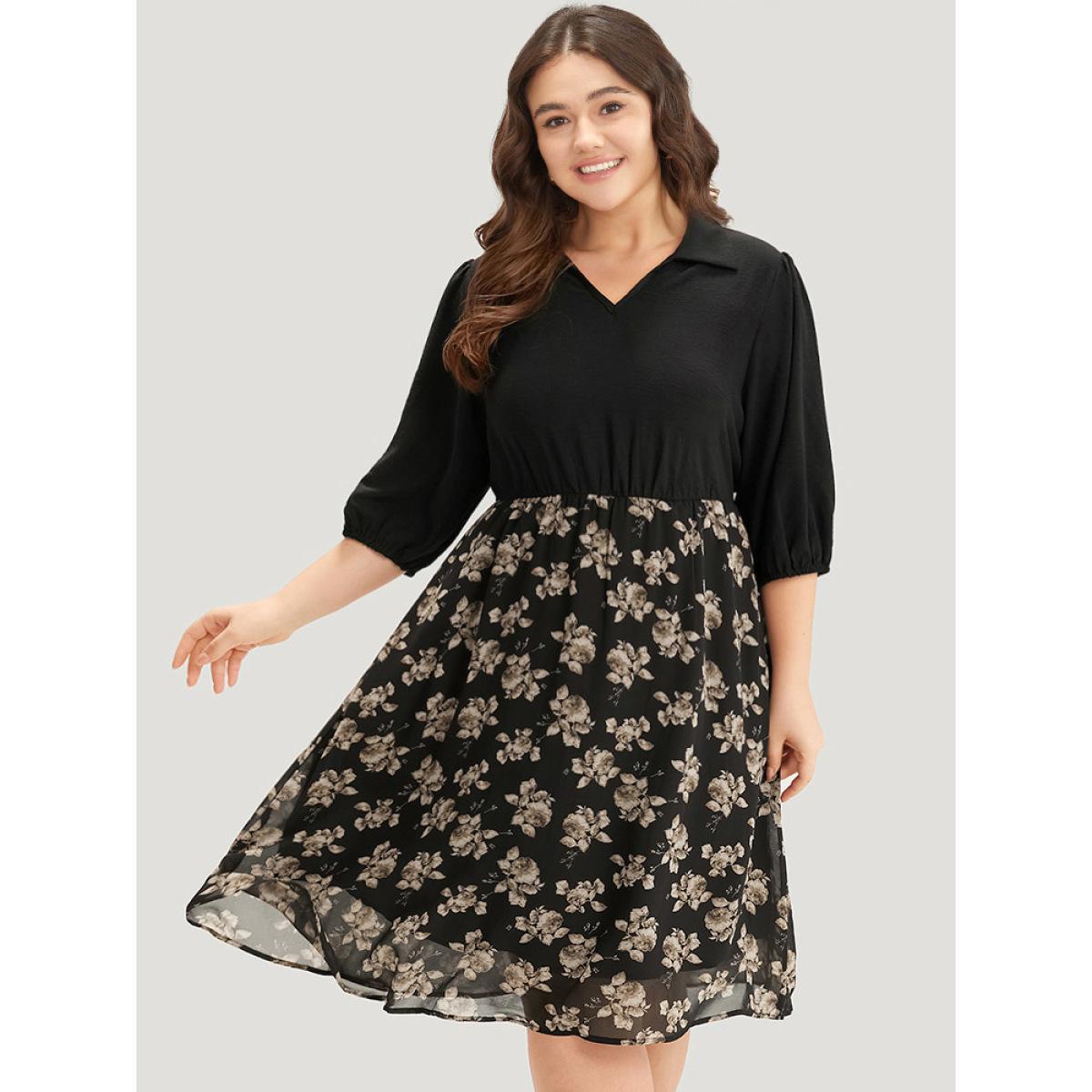 Plus Size Floral Print Patchwork Shirt Collar Dress Black Women Office Lined Shirt collar Half Sleeve Curvy Midi Dress BloomChic 12/L Product Image