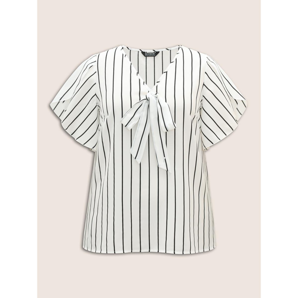 Plus Size Originalwhite Striped Tie Knot Petal Sleeve Blouse Women Work From Home Cap Sleeve V-neck Office Blouses BloomChic 22-24/3X Product Image