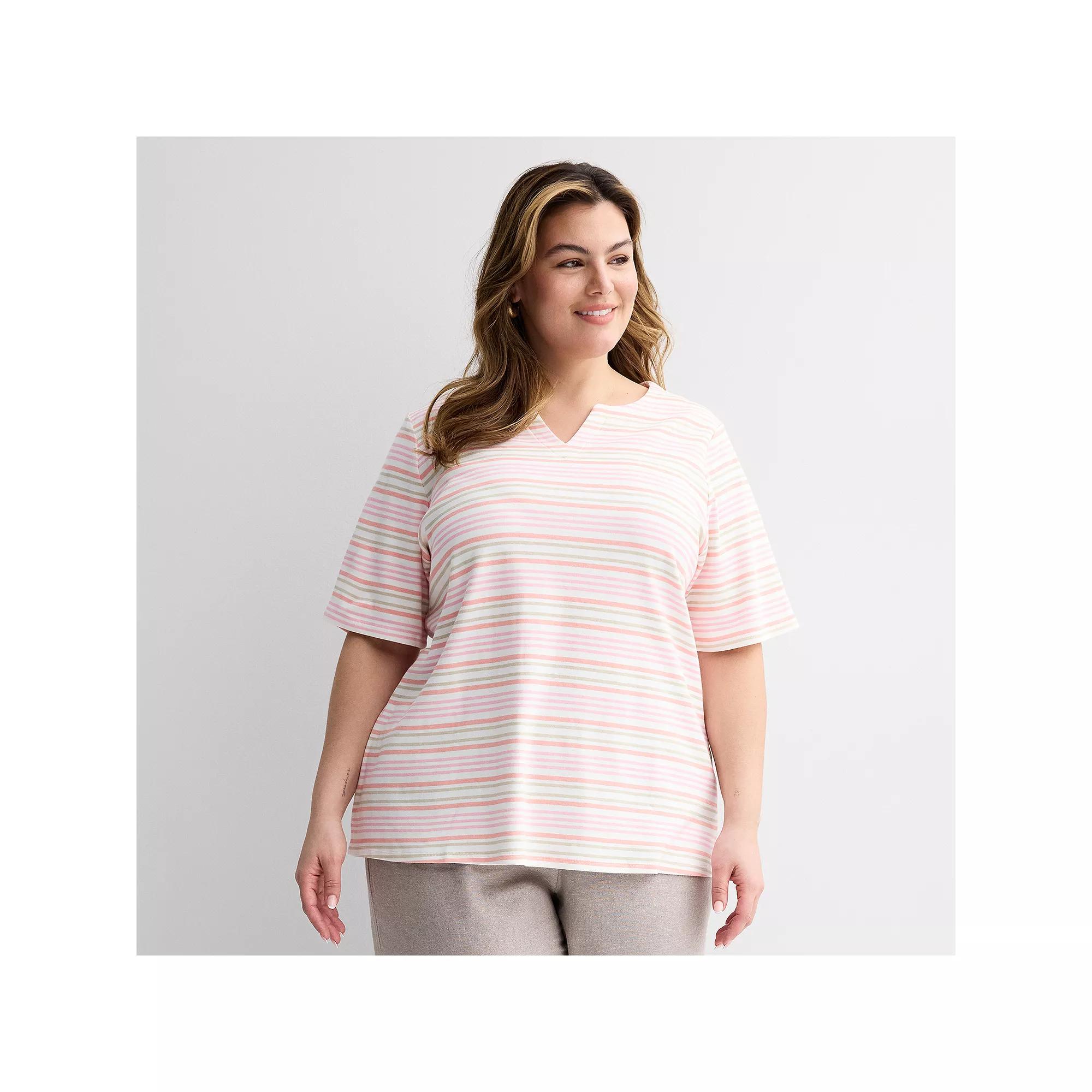 Plus Size Croft & Barrow® Elbow Sleeve Split Neck Top, Women's, Size: 4XL, Pink Tidy Stripe Product Image