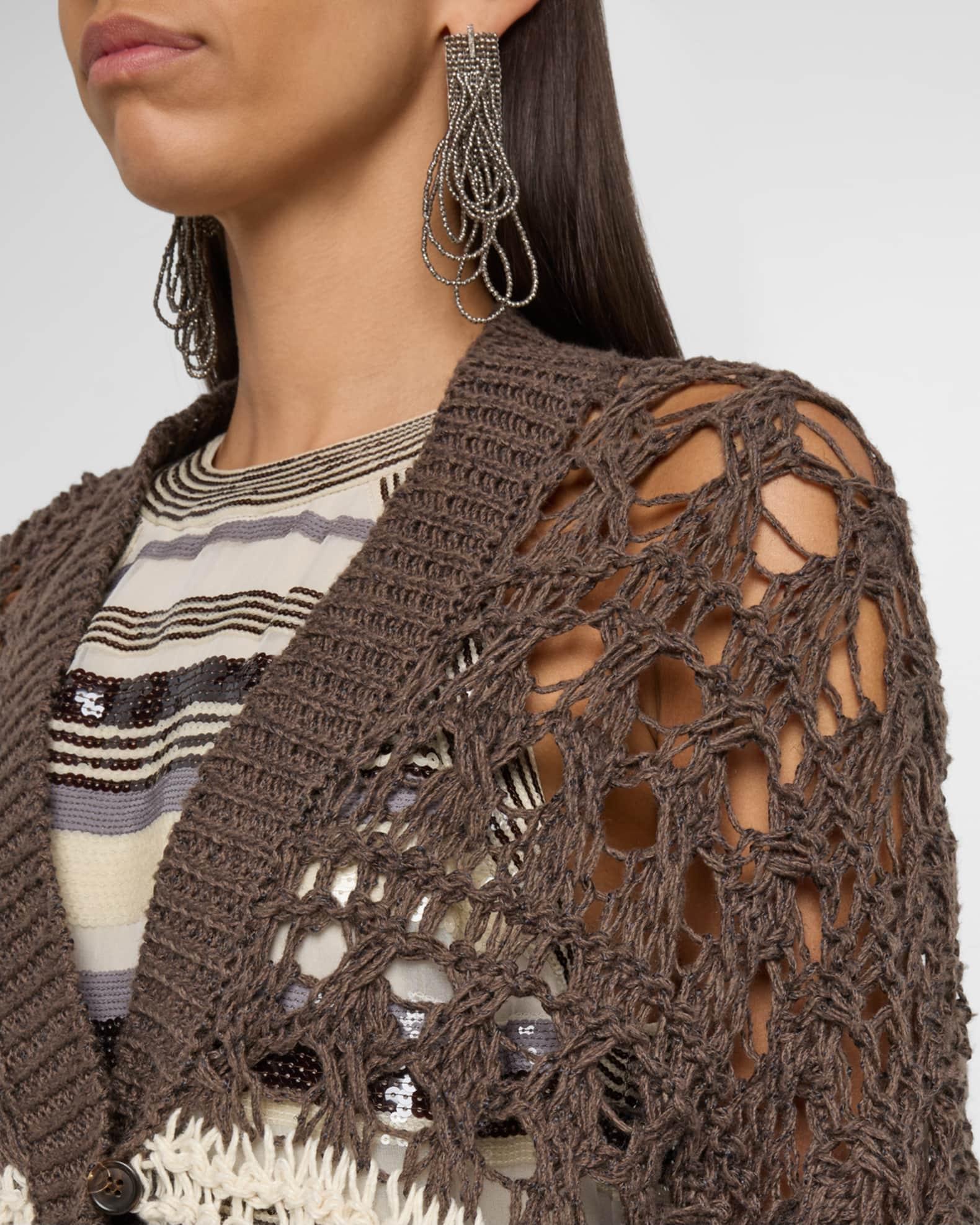 Stripe Cotton-Jute Open Knit V-Neck Cardigan Product Image