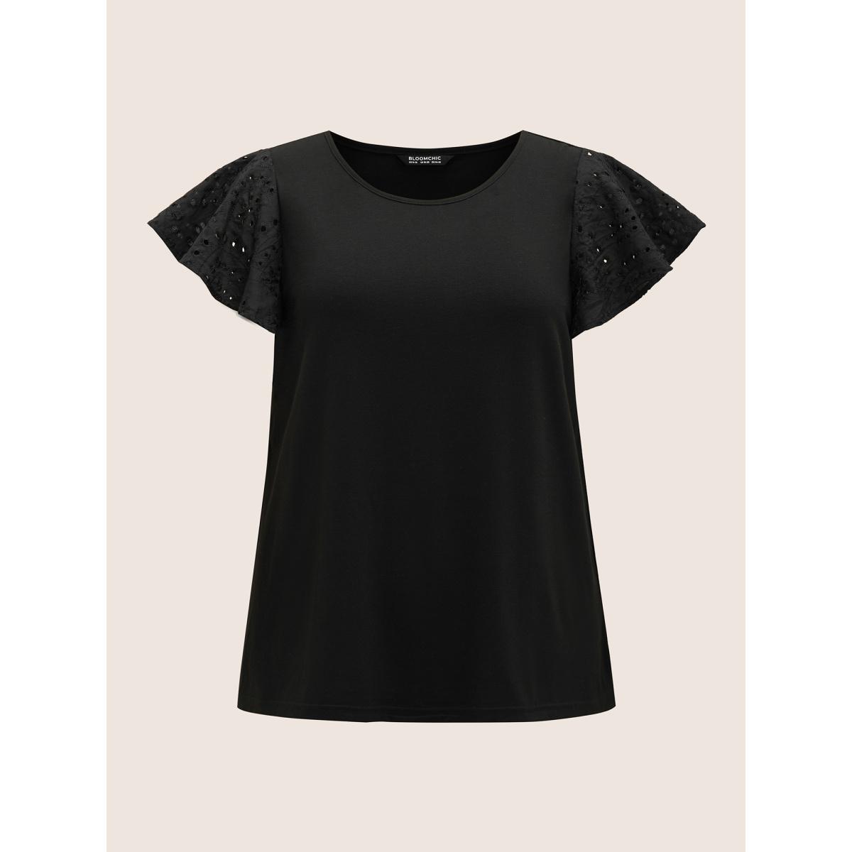 Plus Size Solid Broderie Anglaise Ruffle Cap Sleeve T-shirt Black Women Resort Cut-Out Round Neck Vacation T-shirts BloomChic 22-24/3X Product Image