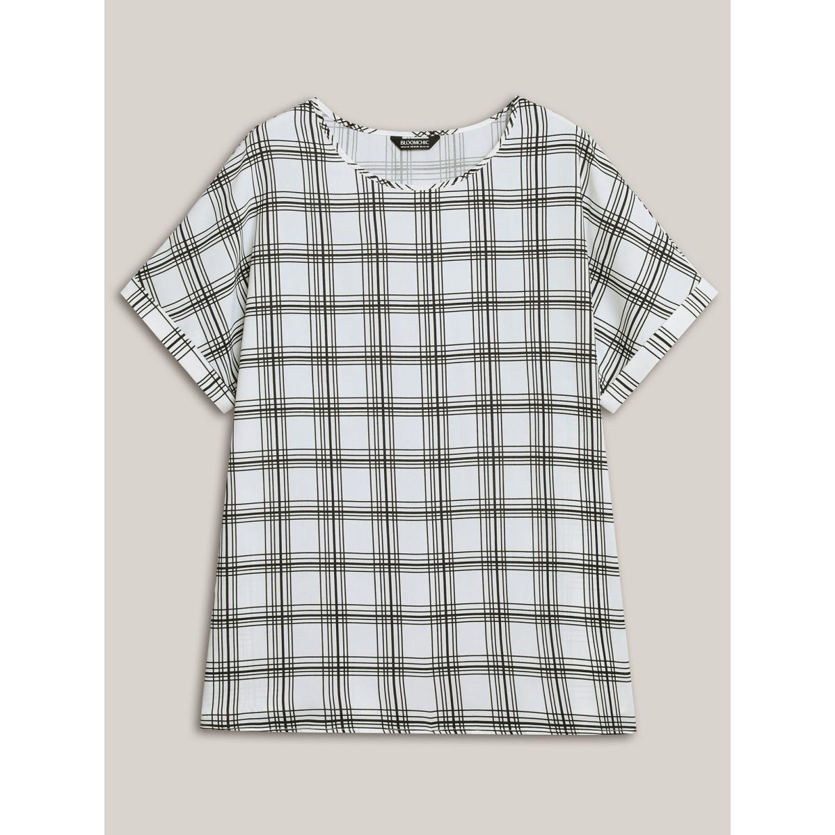 Plus Size WhiteSmoke Plaid Rolled Hem Dolman Sleeve Shirt Women At the Office Short sleeve Round Neck Work Blouses BloomChic 26/4X Product Image