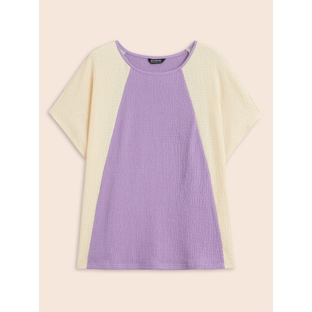 Plus Size Texture Patchwork Contrast Dolman Sleeve T-shirt Lilac Women Elegant Texture Round Neck Everyday T-shirts BloomChic 12/L Product Image