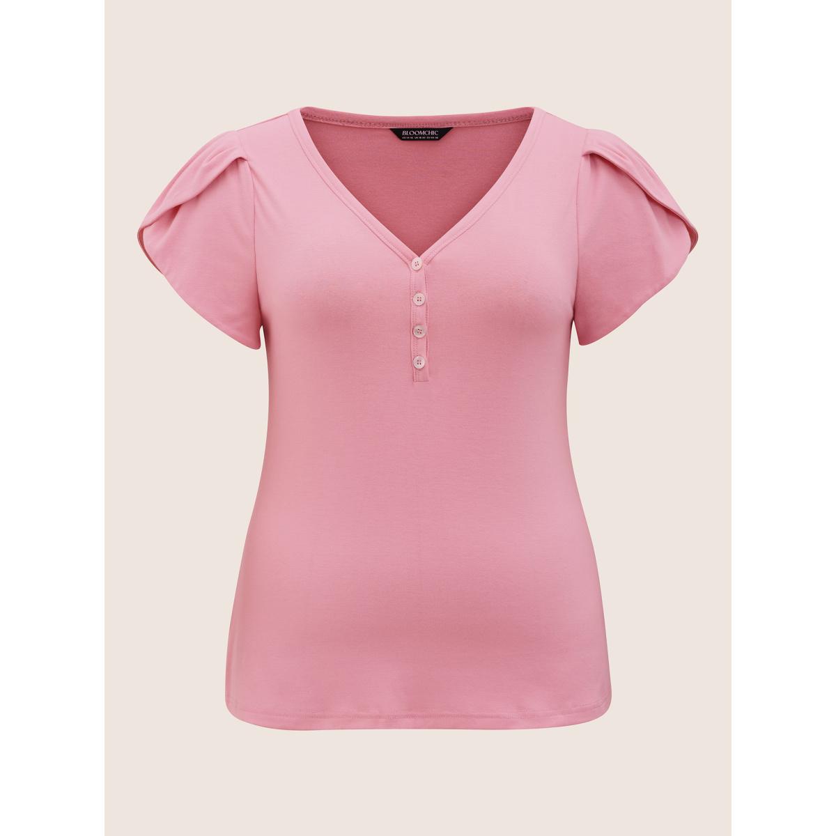 Plus Size Medium stretch Petal Sleeve Button Up T-shirt Watermelon Women Elegant Button V-neck Bodycon Everyday T-shirts BloomChic 10/M Product Image