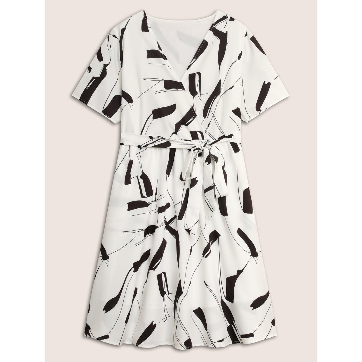 Plus Size Geometric Overlap Collar Belted Midi Dress White Women At the Office Belted Overlap Collar Half Sleeve Curvy BloomChic 14-16/1X Product Image