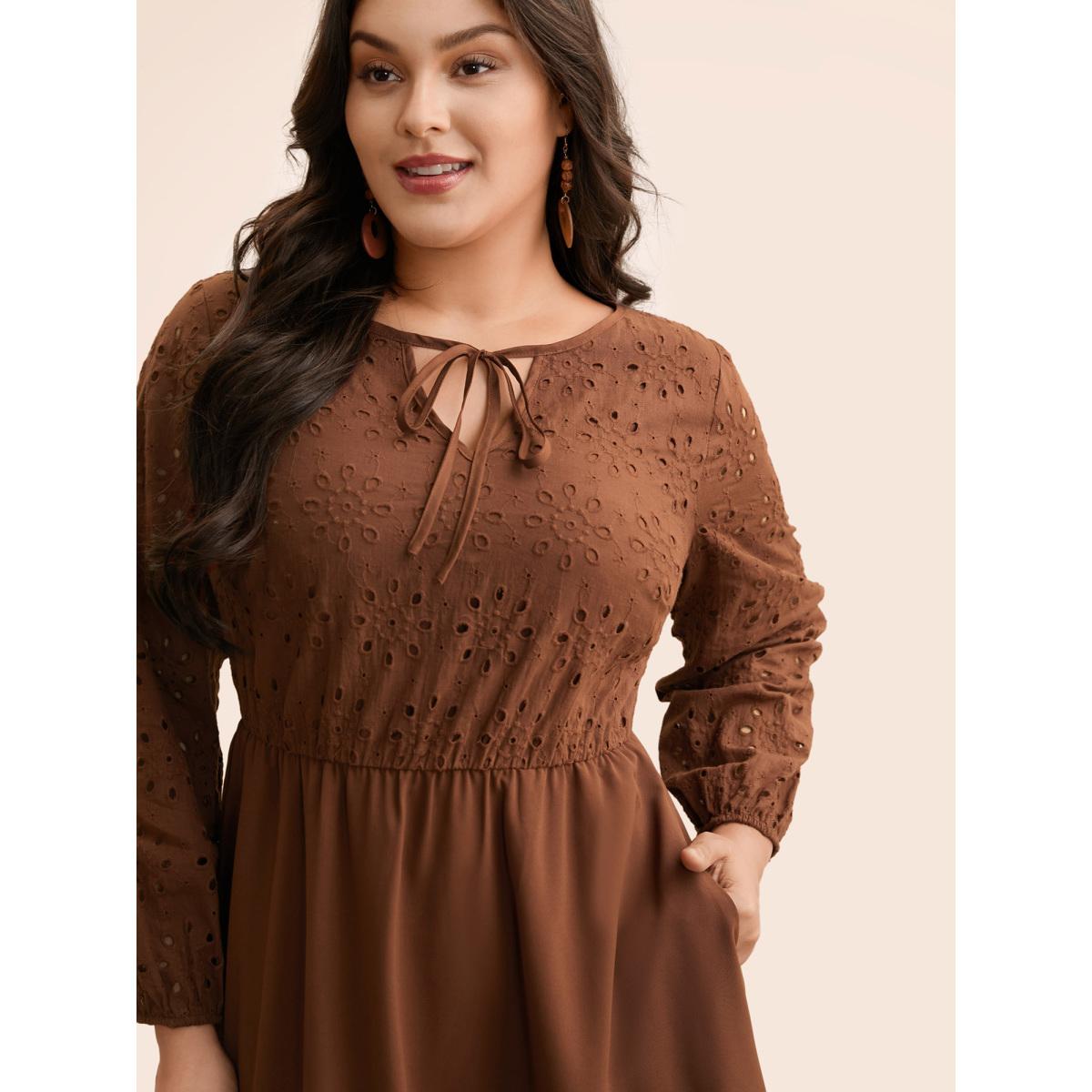 Plus Size Broderie Anglaise Patchwork Tie Knot Dress Browncoffeecolor Women Elegant Patchwork Round Neck Long Sleeve Curvy BloomChic 22-24/3X Product Image