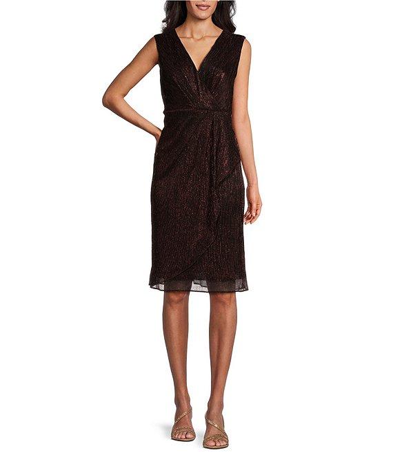 Ignite Evenings Surplice V-Neck Short Sleeve Metallic 2-Piece Cascade Jacket Dress Product Image